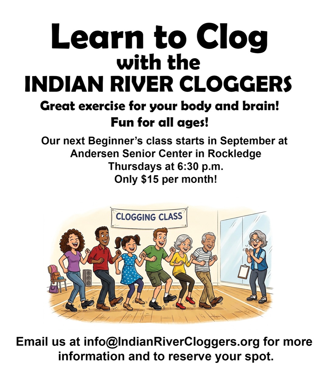 Learn to Clog beginner class flyer for the Indian River Cloggers
